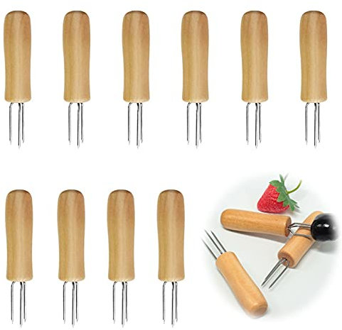 WSADZXC77 10pcs Holz Maiskolbenhalter Holzgriff Corn Holder Hausmannskost Gabel Maiskolbenhalter Edelstahl Maiskolbenhalter mit Holzgriff Barbecue Gabel Grillzubehör für Maiskolben, Obst Mais Bbq