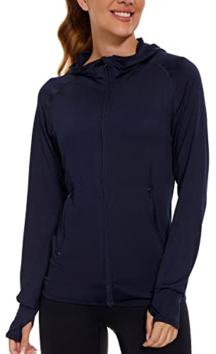 AMZSPORT Sweat à Capuche et à Manches Longues pour Femmes Veste de Course Sport avec Trous Les Pouces, Bleu Marine M