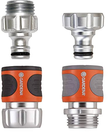 Gardena 39042-M - Set di 4 raccordi rapidi in Metallo di Alta qualità per Tubi da Giardino, raccordi e Accessori per Collegamento rapido, Include adattatori Maschio e Femmina, Senza perdite