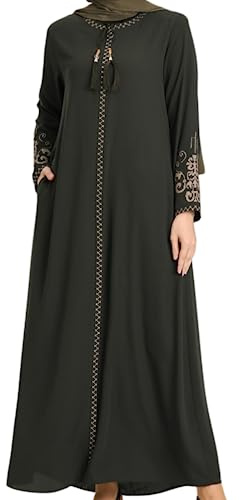 istanbul styles Abaya mit bestickten Ärmeln für Damen, langärmelig, bodenlang, türkisch-islamische Mode (DE/NL/SE/PL, Alphanumerisch, XXL, Regular, Regular, Grün)