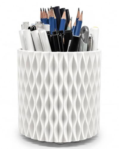 Lebenrich Rotating Pen Holder for Desk, 5 Slots Easthetic Pencil holder Desk Organizer Supplies and Accessories for Women Girls, Pencil Cup for Office Home Art Supply, White