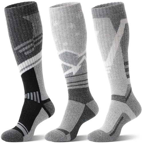 Sandsuced 3 pares Calcetines de esquí de lana merino de esquí de rodilla alta de invierno cálido térmico para mujeres hombres