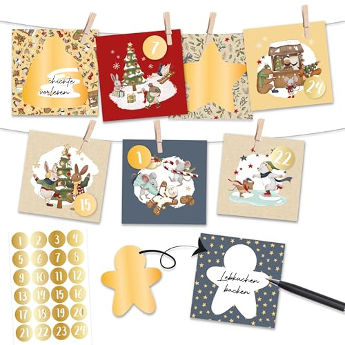 Papierdrachen Calendario da grattare 2025 – Calendario dell'Avvento da compilare e regalare – Animali invernali con adesivi da grattare, mollette in legno e corda