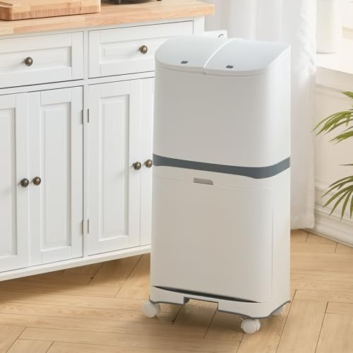 Warmiehomy Mülleimer Küche 2 Fächer, 36x20x79cm 48 Liter Große Doppelmülleimer aus Kunststoff Mülltrennsystem, Integrierter abnehmbarer Mülleimer mit Deckel auf Rädern Abfalleimer Küche (Weiß)