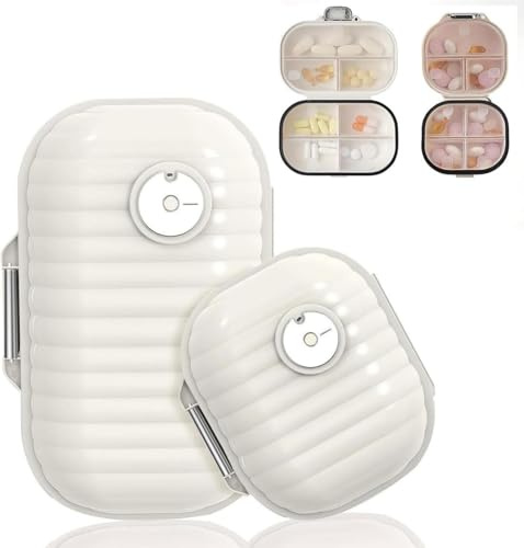 GLEEMEN 2 Pcs Pastillero Caja, Pastillero de Viaje Portátil con 7 Compartimentos, Pastillero Diario, Pastillero Semanal, Organizador Medicamentos(Beige)
