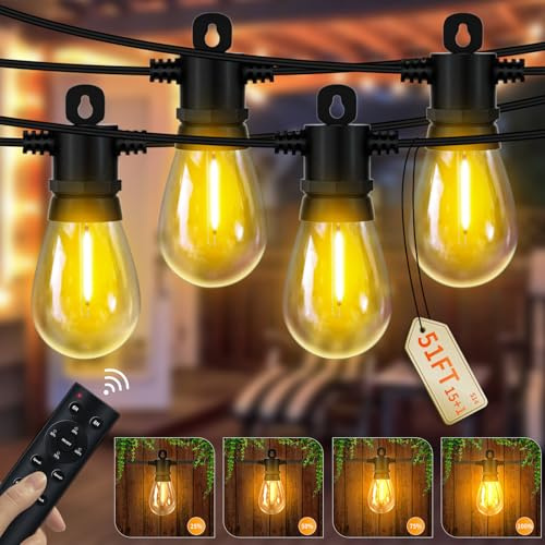 Pogestrand Luci da esterno alimentate a rete 24 V, 15 m, luci a festone per esterni, 15+1 lampadine infrangibili S14 dimmerabili con telecomando, luci esterne impermeabili IP65, per pergola, patio