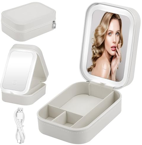JIZZU Organizzatore per il Trucco con Led Specchio, Organizzatore di Gioielli da Viaggio Portatile con 3 Modalità di Illuminazione, Trousse Trucco Donna, Regalos para Mujeres (Bianco)