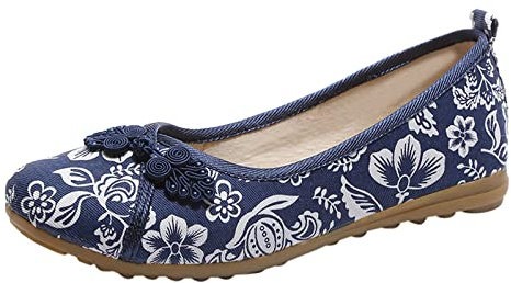 Chaussures brodées pour femme - Ballerines plates pliables - Chaussures Dolly portables pour femme avec texture antidérapante - Chaussures rondes confortables pour le bureau, bleu, 37 EU