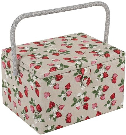 Hobby Gift Esclusiva grande scatola da cucito, scatola portaoggetti artigianale, vassoio per accessori, puntaspilli, manico in PVC, 23,5 x 31 x 20 cm, fragole