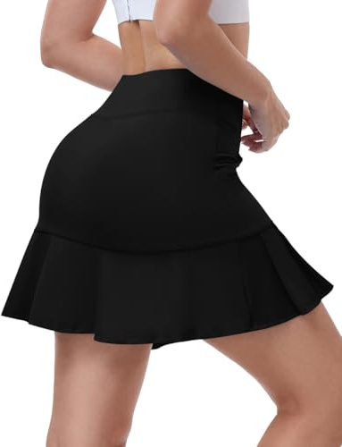 WOWENY Jupe Short Femme Golf avec Poche,Jupe Tennis Femme,Mini Skorts Plissée Haute Taille Légère Elastique Casual pour Randonnée Badminton Sport Noir Pur L