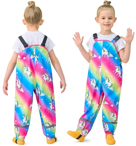 FILOWA Pantaloni Impermeabili Bambina Ragazze Pantaloni Antipioggia con Striscia Riflettente Tasca Pantaloni Fango Colorato Unicorno Traspirante Salopette Antipioggia per All'aperto Bambini 5 Anni