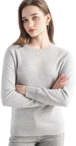 Chanyarn Suéter 100% Cachemira Pura Mujer 2025 otoño Invierno Cuello Redondo Manga Larga cálido Suave Tejido de Jersey (Light Grey17056,L)