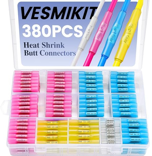 380PCS Vesmikit Heat Shrink Butt Connectors-Marine Grade Waterproof Electrical Wire Connectors Kit-Tinned Copper Insulated Crimp Terminals Butt Splice for Wiring,Automotive,Boat,Trailer Truck,Stereo