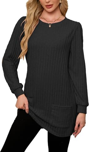 Famulily Ladies Long Tunic Tops Crew Neck Ribbed Sweater Dressy Trendy Blouse Women Pullover with Pockets Black M