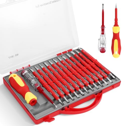 Kinberry Insulated Screwdriver Set, 26-Piece 1000V Insulated Electrician Tool Set with Voltage Tester, Magnetic Tips Electrical Screwdriver Set with Case, Interchangeable Blades