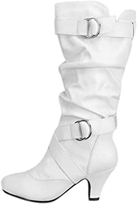 Generisch Stivali in pelle da donna con gambo ampio,Stivaletti con tacco conico,Tinta unita larga polpaccio, stivali alti con fibbia stivali da donna, bianco, 41 EU