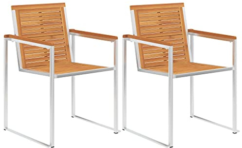 Frdhee Lot de 2 fauteuils de salon d'extérieur en bois d'acacia massif et acier inoxydable, chaise de bistrot pour jardin, piscine, terrasse, salle à manger
