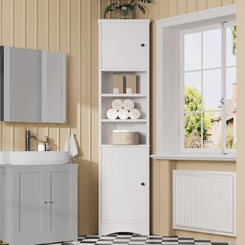 Armadio angolare da bagno laccato bianco, 170 cm, in MDF con 2 ante e scomparti aperti, salvaspazio, per bagno e soggiorno