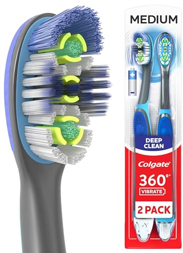 Colgate Cepillo de dientes eléctrico 360 Vibrate Deep Clean, funciona con pilas, cepillos de dientes de cerdas medianas alimentados por Sonic Technology, paquete de 2, incluye 1 batería AAA