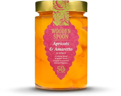 The Wooden Spoon Apricots with Amaretto in Syrup – 420g – Handcrafted British Preserved Apricots in Sweet Liqueur Syrup – Gourmet Dessert Fruit Jar (ABV 3.5%)