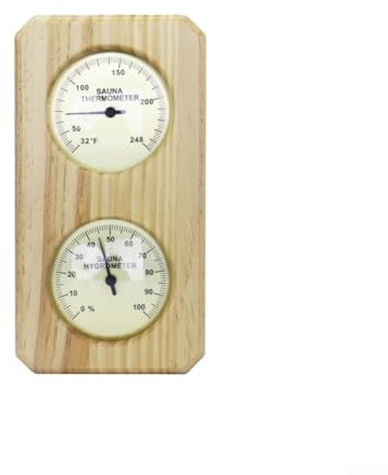 Termómetro e higrómetro de sauna con estuche de madera, medidor mecánico dual montado en la pared para humedad de la sala de vapor, clima de invernadero y herramienta de bodega (FahFahrenheit)