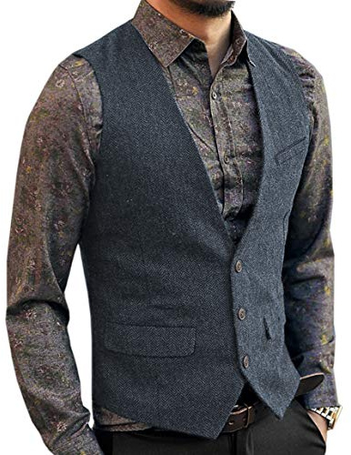 Aesido - Gilet da uomo slim fit a spina di pesce, in tweed di lana, casual, con scollo a V, gilet formale per sposi Blu navy chiaro. L