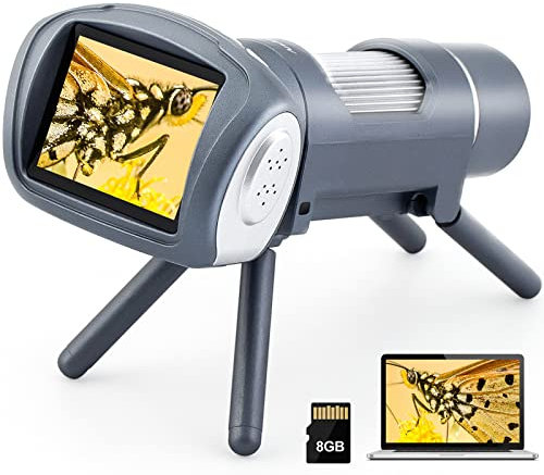 Andonstar AD012 Tragbares Mikroskop-Set für Kinder, 2 Zoll LCD-Kindermikroskop mit vorbereiteten Objektträgern, 8-G-SD-Karte, Windows-PC-kompatibel, Lernspielzeug für den Innen- und Außenbereich(Grau)