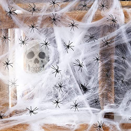JOKILY Ragnatela per Halloween, decorazione per feste, ragnatele, colore bianco, con 30 ragni horror, ragnatele, decorazione per Halloween, ideale per feste di Halloween, casa e giardino