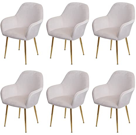 Mendler 6er-Set Esszimmerstuhl HWC-F18, Stuhl Küchenstuhl, Retro Design - Samt Creme-weiß, goldene Beine