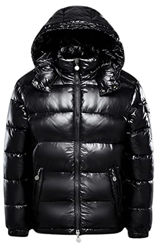 FUUBAMB00 Winter Thicken Down Jackets For Men and Women Short Shiny White Duck Down Jacket Hooded Puffer Coat,Black,M(160cm45kg)