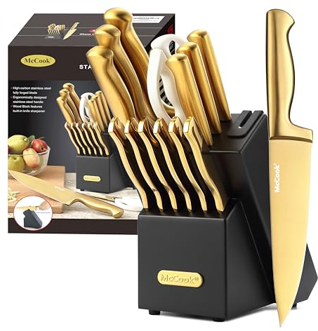 McCook® Knife Sets, Golden Titanium Stainless Steel Kitchen Knife Block Sets with Built-in Sharpener, 15 Piece Knives, Restaurant Grade Sharp, Elegant Gold & Stylish Wooden Block for Modern Culinary