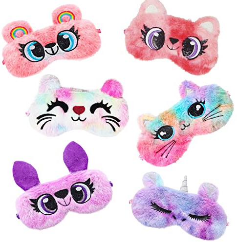 6 Piezas Dibujos Animados Dormir Máscara de Ojos, Mascarilla para Dormir, Animales Venda para los Ojos, Animal Vendados los Ojos, Felpa Sueño Antifaz para Niños Adultos Viaje Noche Siesta