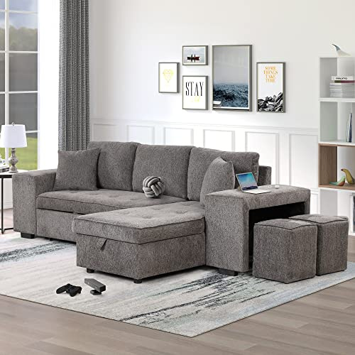 Merax 104 Modern L-Shape 3 Seat Reversible Sectional Couch, Pull Out Sleeper Sofa with Storage Chaise and 2 Stools for Living Room Furniture Set,Knox Charcoal