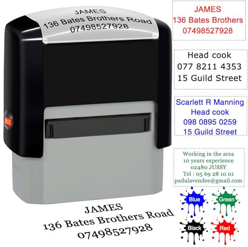 Personalisierter Stempel, selbstfärbender Gummistempel, für Geschäftsadressen, personalisierbar, Datumsstempel, bis zu 3 Zeilen, 38 x 14 mm, 4 Farben und Schriftarten zur Auswahl…