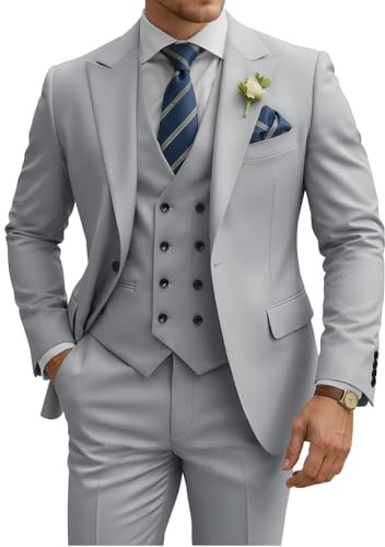 TIJOFA - Completo da Uomo a 3 Pezzi, Slim Fit, Giacca Doppio Petto, Perfetto per Matrimoni. Tuxedo Classico con Un Bottone, Ideale per Eventi Formali, Prom e cene Eleganti., Grigio Argento, L