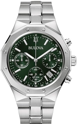 Bulova Men's Classic 6-Hand Chronograph High Performance Quartz Silver Stainless Steel Watch, Green Dial,Geometric Bezel 24 Hour Time, 44mm, Style:96B409