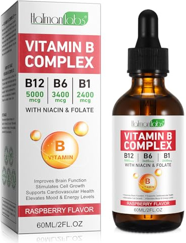 Liquid Vitamin B Complex Supplement, B Vitamins Complex - Vitamin B12 B1 B6 Niacin & Folate, 60ml, Raspberry Flavour - Supports Brain Heart Function, Elevates Mood & Energy Levels