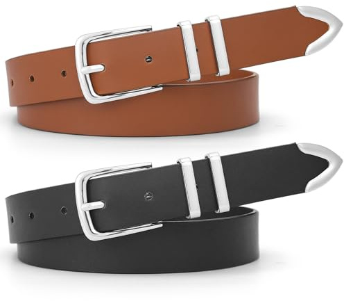 SNCEAW 2 Pack Women's Leather Belts for Jeans Dresses Business Casual Outfits Black Leather Belt for Women with Gold Buckle, Black+brown-silver, Fit Pant 24-29 Inches
