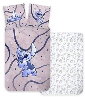 Disney Lilo y Stitch - Juego de ropa de cama infantil 100 x 135 cm y funda de almohada 40 x 60 cm, 100% algodón suave, ropa de cama de personajes para niños y niñas