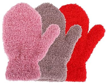 Geyoga 3 Paires Gants Enfant Tricot moufle Extensible Hiver pour Bébé Garçon Fille(4-8 Ans,Kaki, Rose Clair, Rouge)