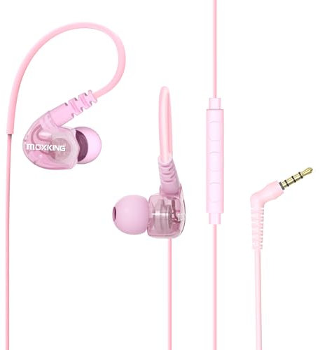 MOXKING Écouteurs de sport filaires étanches avec isolation phonique, basses et micro améliorés pour la course, la gym, le jogging et l'entraînement Rose