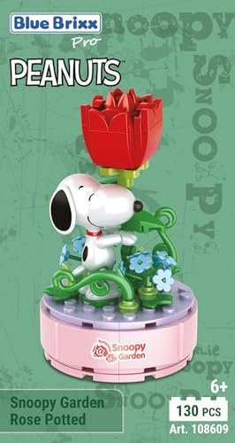 BlueBrixx Pro 108609 – Snoopy Garten „Rose im Topf“ aus Klemmbausteinen mit 130 Bauelementen