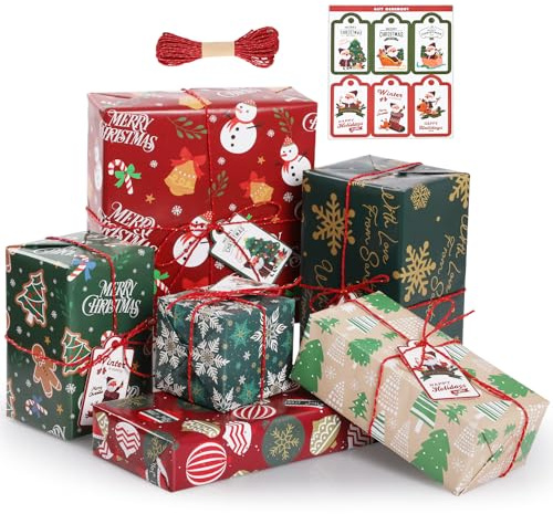 Bighan Papel de regalo de Navidad, paquete de 6 hojas plegadas de 70 x 50 cm, papel de regalo de Navidad, renos de tartán tradicional con cuerda y cinta