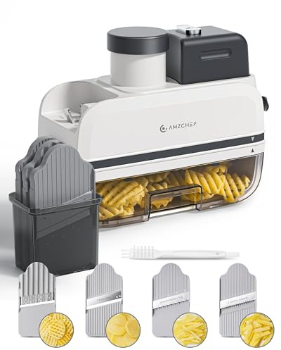 AMZCHEF Electric Vegetable Chopper & Food Processor, 5-in-1 Kitchen Slicer for Onion, Potato, Carrot | Make Chips, Salad, Crinkle-Cut Chips | with 4 Blades, Large Chute & Container