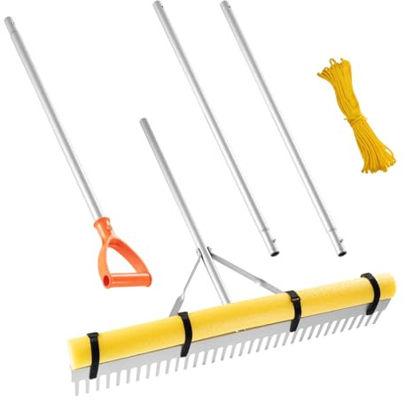 VEVOR Landscape Rake, 914 mm Wide Head 2590 mm Handle, Large Heavy Duty Aluminum Landscaping Leaf Rake Tool, Asphalt Level for Loosening Soil, Garden & Yard, Pond Gravel & Beach Lawn Care, 15.8m Rope