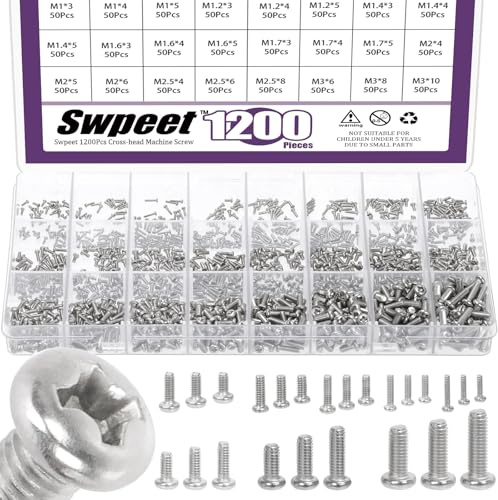 Swpeet 1200pcs 24 dimensioni M1 M1.2 M1.4 M1.6 M1.7 M2 M2.5 M3 Kit di assortimento delle viti della macchina a testa piatta Phillips, piccole viti a testa rotonda piatta a testa incrociata