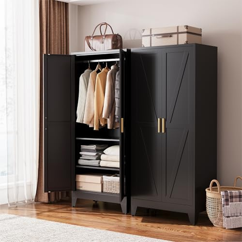 COFaR Black Metal Wardrobe Closet 2-in-1 Design, 71 Freestanding Armoire with Adjustable Hanging Rod & Shelves, Convertible Storage/Hanging Cabinet for Bedroom