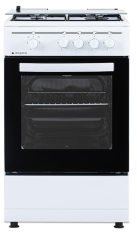 Aspes Cocina Gas Butano, 4 Zonas de Cocción, Horno 55L, Blanco, AKG4501. Control Manual, 2 Programas de Cocción, Compartimento Bombona, Cristal en Puerta Doble Capa, Tapa Abatible