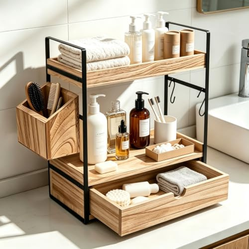 FTISSLY Organisateur de Salle de Bain 2 Niveaux, Étagère de Rangement en Bois et Métal avec Panier Latéral, Support Multifonction pour Cuisine, Bureau, Chambre, Range-Cosmétiques, Épices, Café, Thé