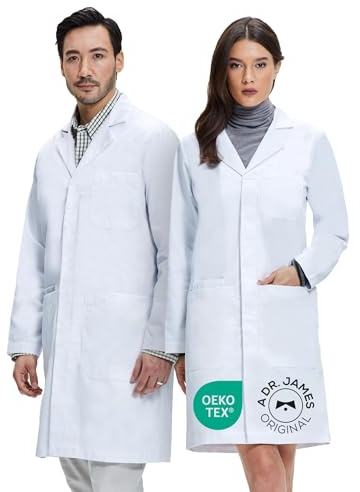 Dr. James Blouse Blanche de Laboratoire Unisexe 100% Coton Premium, Homme & Femme, Coupe Classique (Regular Fit), Fermeture à Pressions Cachées, Poches Smartphone, Tissu Certifié OEKO-TEX® (M)